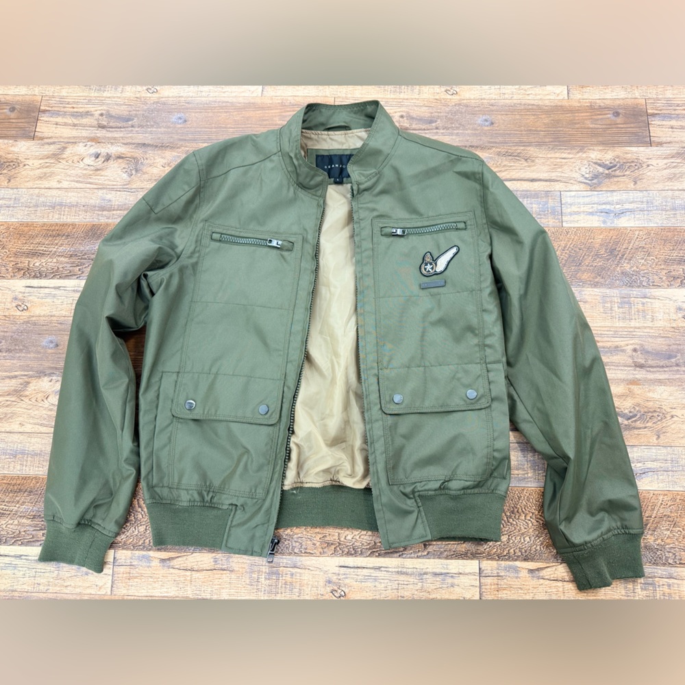 Sean John Men's Olive Green Flight Jacket, Snap and Zipper Pockets, Size Large